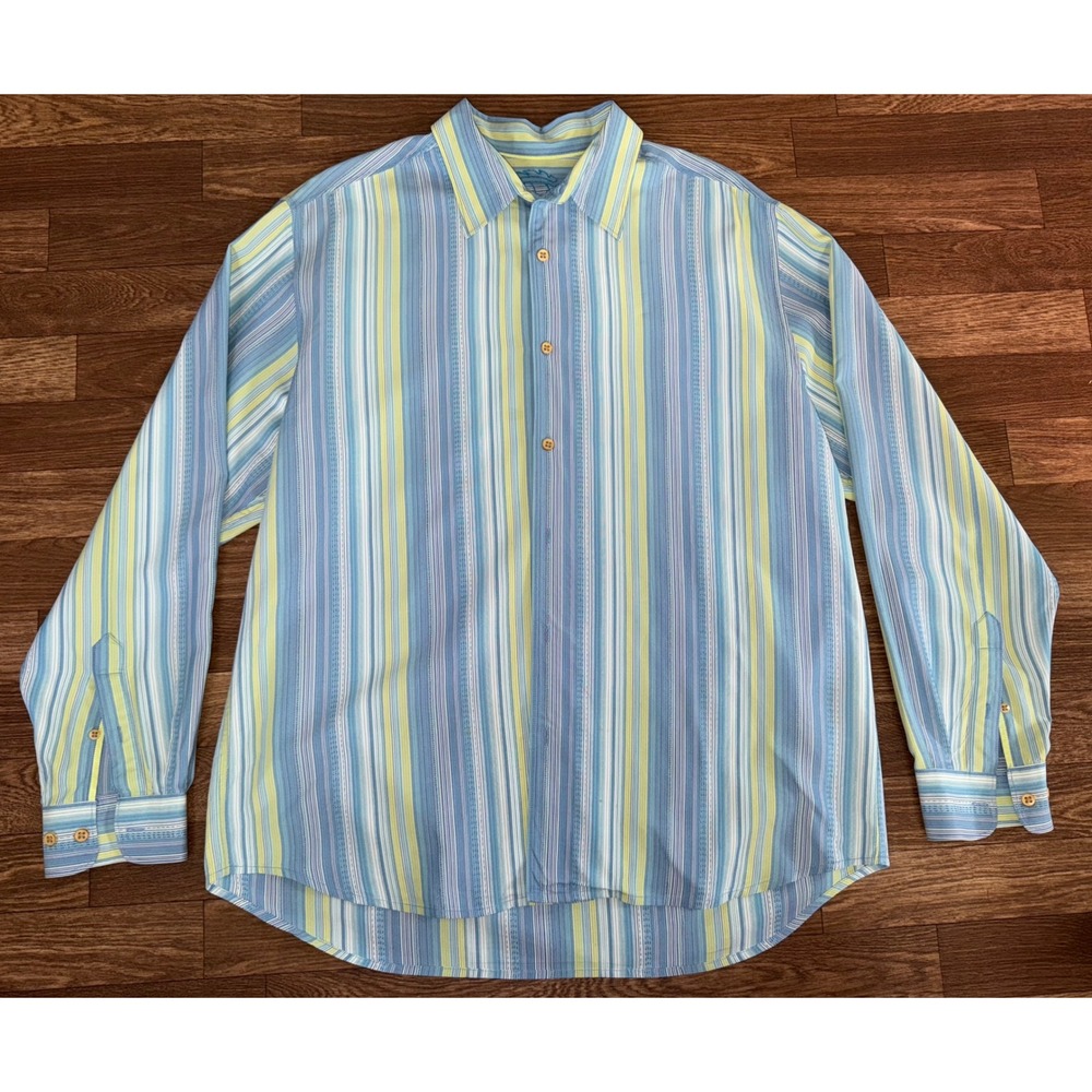 Tommy Bahama Silk Button Down Shirt Striped Embroidered Long Sleeve‎ L